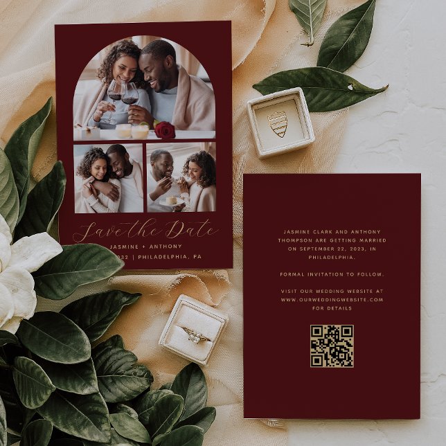 Minimal 3-Photo Collage Arch QR Code Burgundy Gold Save The Date (Creator Uploaded)