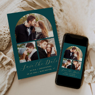 Minimal 3-Photo Collage Arch Teal Blue Gold Save The Date