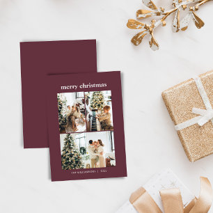 Minimal 3 Photo Collage Merry Christmas Burgundy Holiday Card