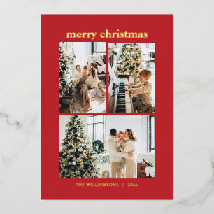 Minimal 3 Photo Collage Merry Christmas Red Gold Foil Holiday Card
