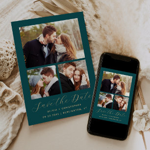 Minimal 3-Photo Collage Teal Blue Gold Save The Date