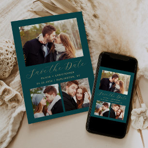 Minimal 3-Photo Collage Teal Blue Gold Save The Date