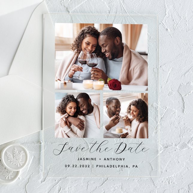 Minimal 3-Photo Collage Wedding Save the Date Acrylic Invitations (Creator Uploaded)