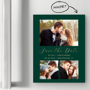 Minimal 3-Photo Emerald Green Gold Save the Date Magnetic Invitation