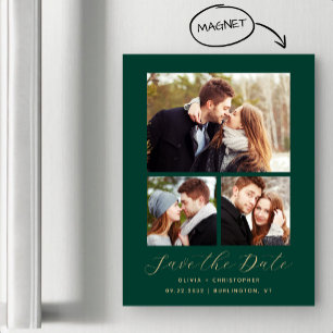 Minimal 3-Photo Emerald Green Gold Save the Date Magnetic Invitation