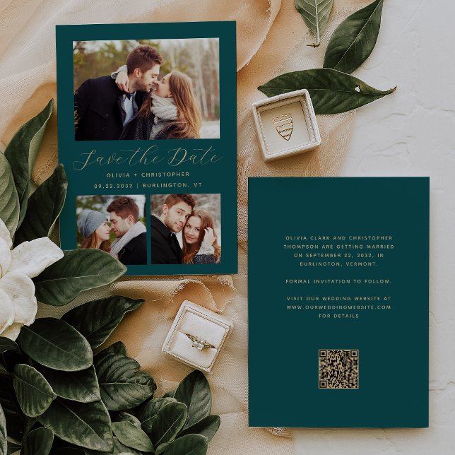 Minimal 3-Photo Teal Blue Gold QR Code Save The Date (Creator Uploaded)