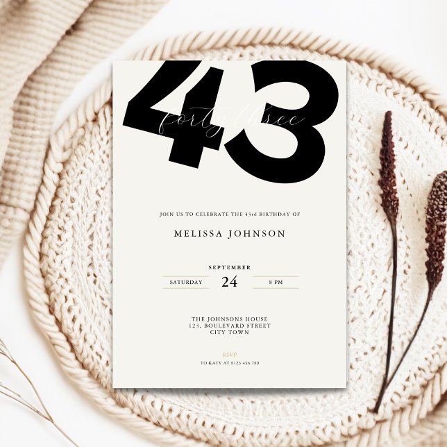 Minimal 43rd Birthday Invitation - Bold Typo (Minimal 43rd birthday invitation with stylish bold typography)