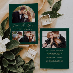 Minimal 4-Photo Boho Arch Emerald Green Gold Save The Date