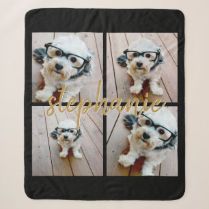 Minimal 4 Photo Collage - Black - Gold Script Text Sherpa Blanket