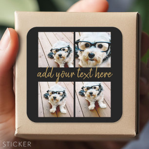 Minimal 4 Photo Collage - Black - Gold Script Text Square Sticker