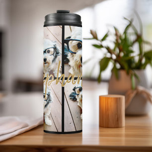 Minimal 4 Photo Collage - Black - Gold Script Text Thermal Tumbler