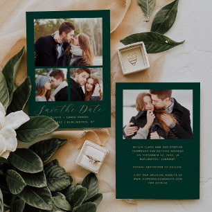 Minimal 4-Photo Emerald Green Gold Save The Date