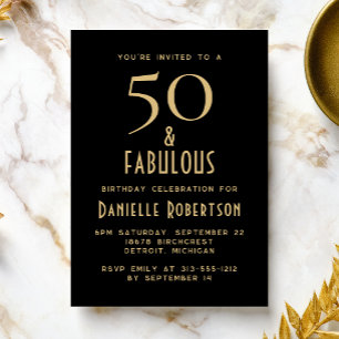 Minimal 50 and Fabulous Black 50th Birthday Party Invitation