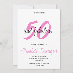 Minimal 50 and Fabulous Black and Pink Birthday Invitation