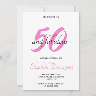 Minimal 50 and Fabulous Black and Pink Birthday Invitation