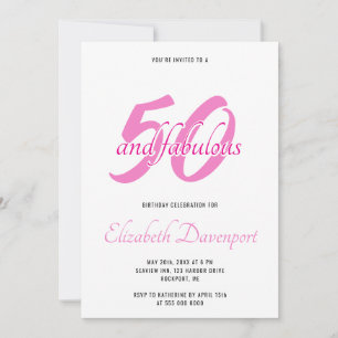 Minimal 50 and Fabulous Black and Pink Birthday Invitation