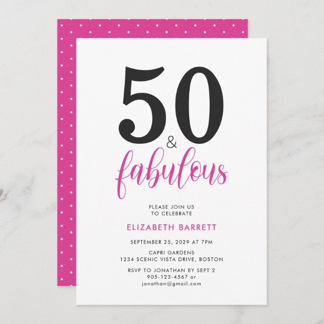 Minimal 50 and Fabulous Pink 50th Birthday Party Invitation (Front/Back)