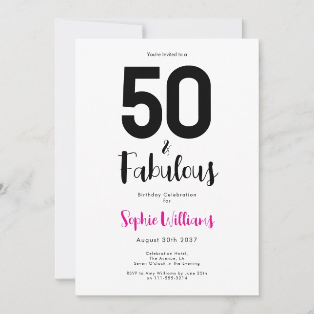 Minimal 50 and Fabulous Pink 50th Birthday Party Invitation (Front)
