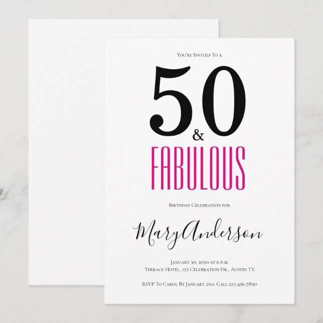 Minimal 50 and Fabulous Pink 50th Birthday Party Invitation (Front/Back)