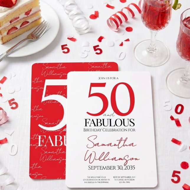 Minimal 50 and Fabulous Red 50th Birthday Invitation (Creator Uploaded)