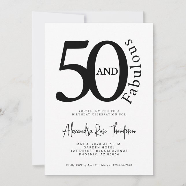 Minimal 50 and Fabulous Script 50th Birthday Party Invitation (Front)