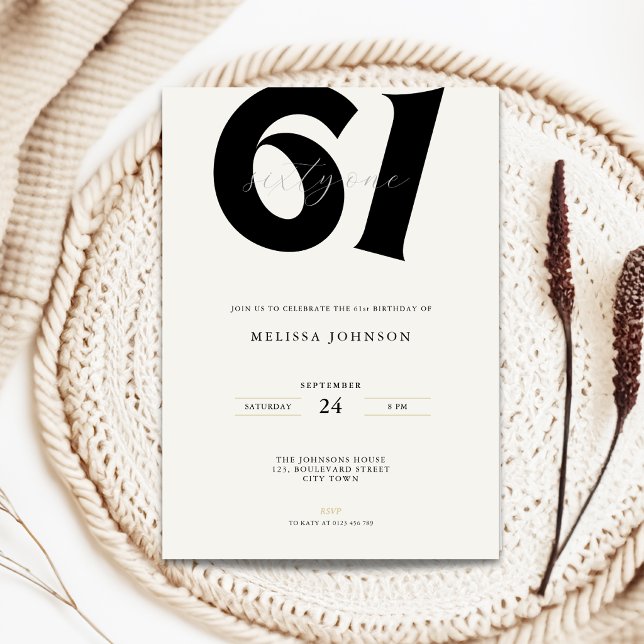 Minimal 61st Birthday Invitation - Bold Typo (Minimal 61st birthday invitation with bold typography for man and woman in black and white)