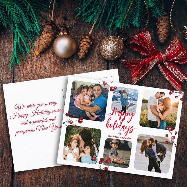 minimal 6 photos collage happy holidays red script postcard (Creator Uploaded)