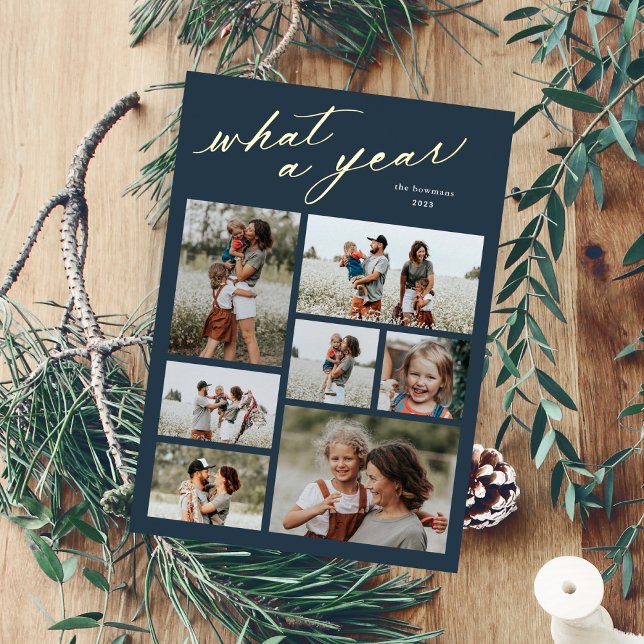 Minimal 7 Photo Collage Script What a Year Foil Holiday Card (Elegant What a year 7 Photo Collage Christmas Holiday New Year Cards.)