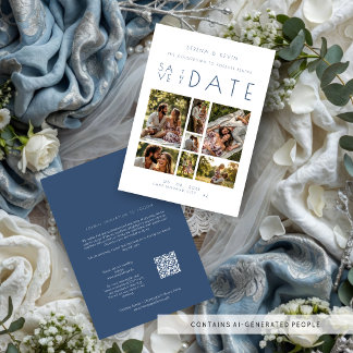 Minimal 7 Photo Wedding Collage Dusty Blue TLW26 Card