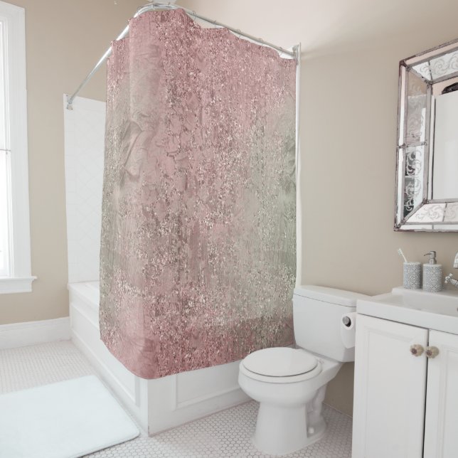 Minimal Abstract Glass Mint Rose Gold Pink Blush Shower Curtain (In Situ)