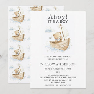 Minimal Ahoy It's A Boy Teddy Sailboat Baby Shower Invitation