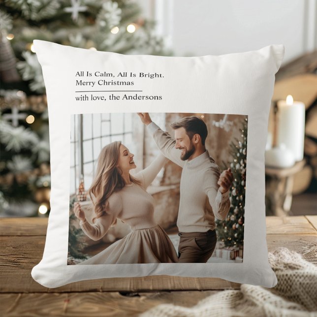 Minimal All Is Calm All Is Bright Christmas Photo  Cushion (Creator Uploaded)