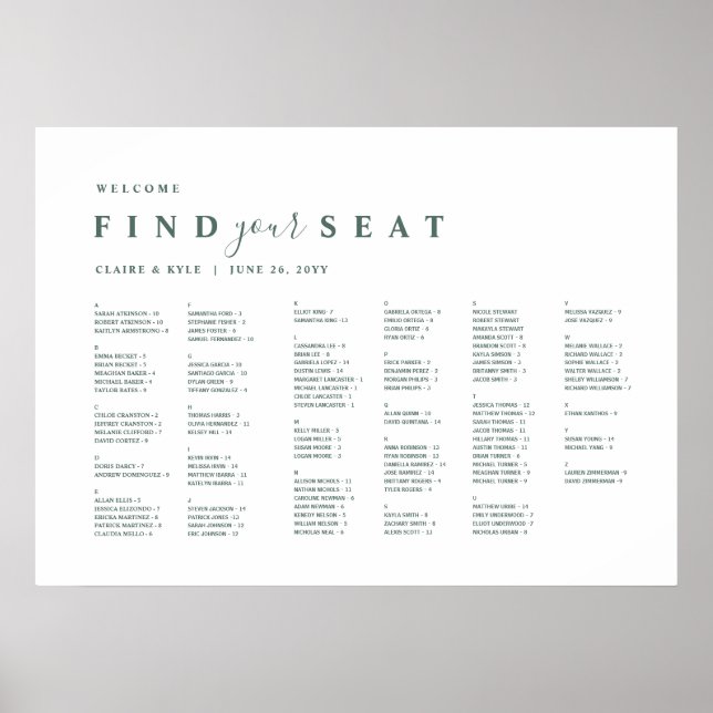 Minimal Alphabetical Green Wedding Seating Chart (Front)