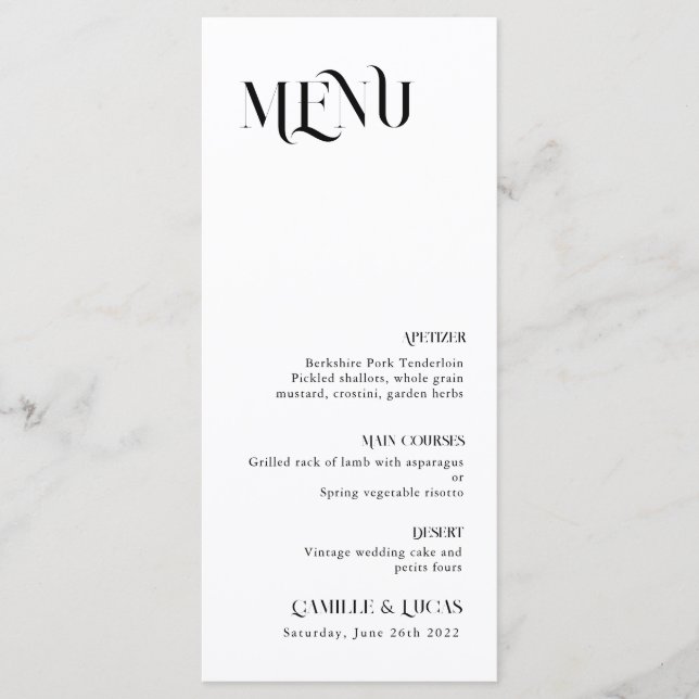 Minimal and chic black and whit Wedding Menu (Front)