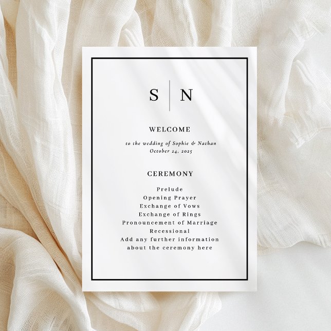 Minimal and Chic | Black and White Border Wedding Programme (A minimal and chic wedding program in black and white, with your monogram)
