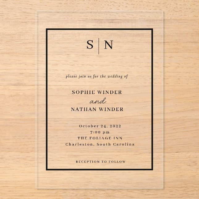 Minimal and Chic | Black and White Wedding Acrylic Invitations (Front)