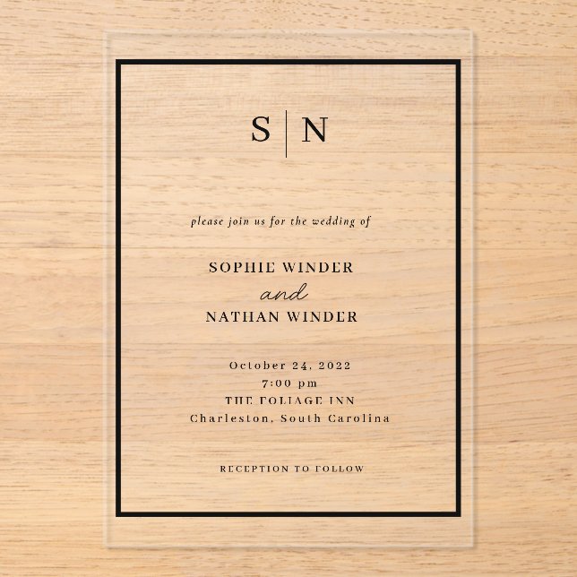 Minimal and Chic | Black and White Wedding Acrylic Invitations (Front)