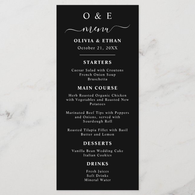 Minimal and Chic | Black and White Wedding Dinner Menu (Front)