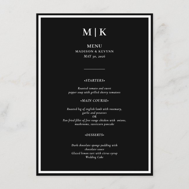 Minimal and Chic | Black and White  Wedding Menu (Front)