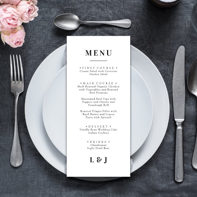 Minimal and Chic | Black and White Wedding Menu (Minimal chic black and white wedding menu adds timeless style and guides guests through your meal)
