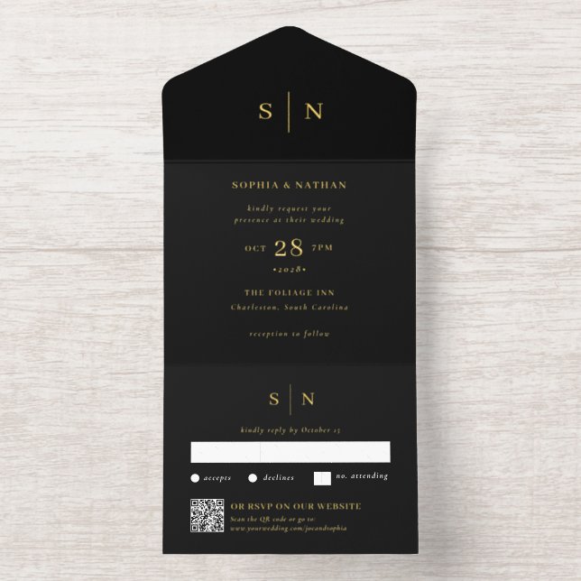 Minimal and Chic Black | QR Code Wedding Gold Foil All In One Invitation (Inside)