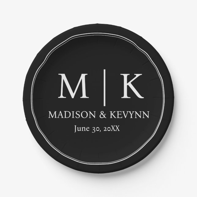 Minimal and Chic | Black Wedding Monograms Classic Paper Plate (Front)