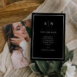 Minimal and Chic Black with White Border and Photo Save The Date<br><div class="desc">These elegant,  modern black wedding save the date cards feature a simple white minimalist text design,  with a classic frame at the border. Add your initials or monogram to make them completely your own and add your favourite personal photo on the back.</div>