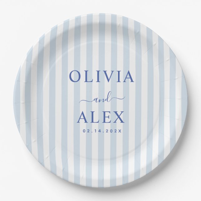 Minimal and Chic Blue French Personalised Wedding  Paper Plate (Front)