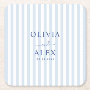 Minimal and Chic Blue French Personalised Wedding Square Paper Coaster