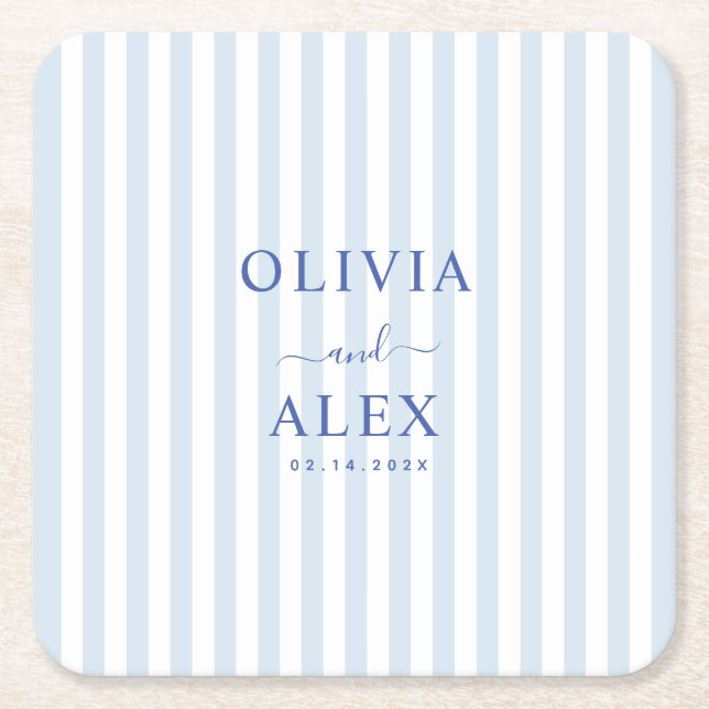 Minimal and Chic Blue French Personalised Wedding  Square Paper Coaster (Front)
