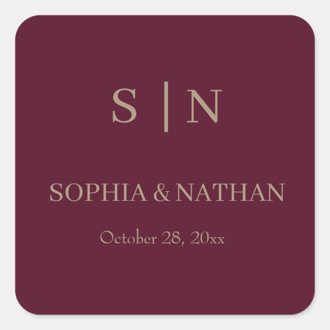 Minimal and Chic | Burgundy and Gold Wedding Square Sticker (Front)
