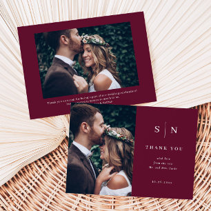 Minimal and Chic Burgundy Red Wedding Photo Thank You Card