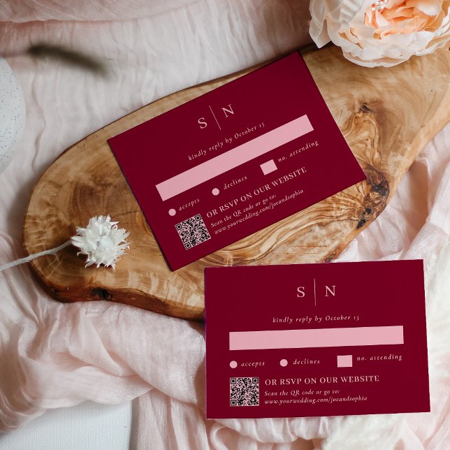 Minimal and Chic Burgundy Traditional and QR Code RSVP Card (Creator Uploaded)