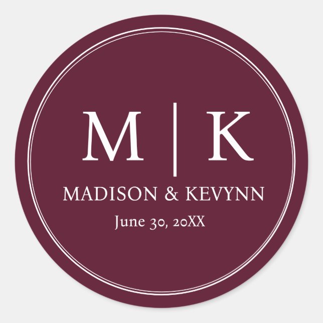 Minimal and Chic | Burgundy Wedding Monogram Classic Round Sticker (Front)